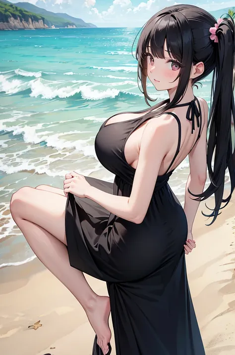 masterpiece,Big Breasts,beauty,Seaside,Sandy Beach,Black Hair,Side Ponytail,Pink long dress,flip flops