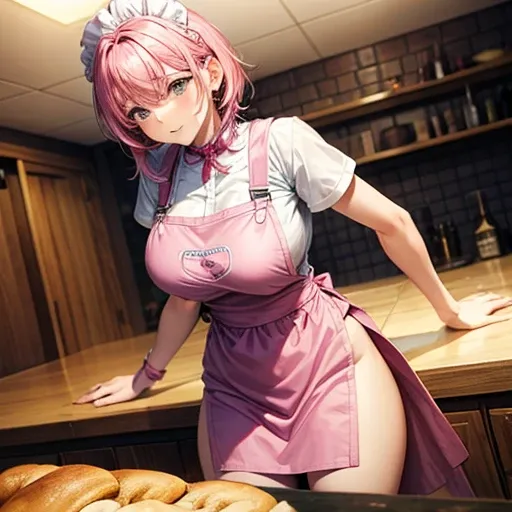 A woman in an apron kneading bread dough　Large Breasts　Pink Hair　suspenders