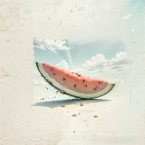 poster of a slice of watermelon under blue cloudy sky