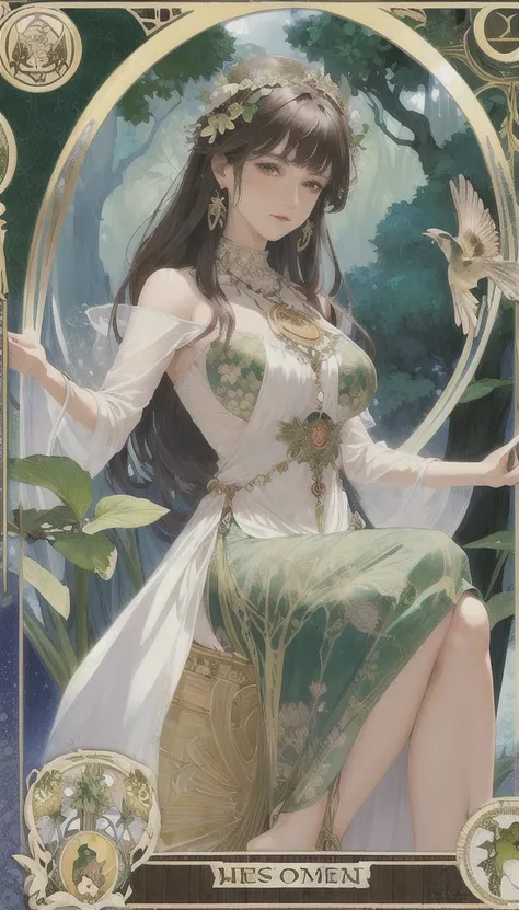 masterpiece, best quality, Alphonse Mucha, art nouveau,
 (tarot card style:1.3),  unique tarot card framework incorporating floral and greenery elements,
blunt bangs, black straight long hair, looking at viewer, 
Amidst a verdant garden, a mystical maiden ...