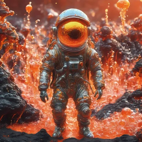 best quality, very good, 1.60,000, ridiculous, extremely detailed, cute slime astronaut，made of translucent boiling lava, backgr...