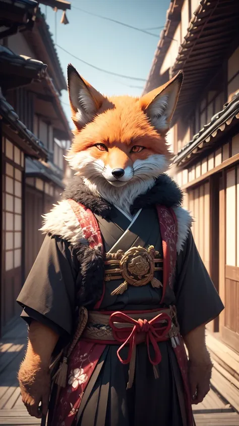 photorealistic, high resolution, 1 fox anthropomorphic, samurai, dynamic pose, background ancient kyoto, dramatic, chromatic aberration.