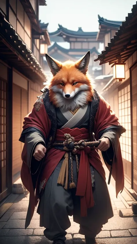 photorealistic, high resolution, 1 fox anthropomorphic, samurai, dynamic pose, background ancient kyoto, dramatic, chromatic aberration.