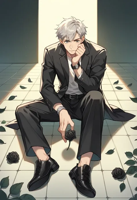 A person (boy) sitting on the floor, holding a single black rose with dark green leaves. The persons hand and part of their wrist, wearing a silver watch, are visible. The person is dressed in black clothing and black shoes. The background is a light-color...