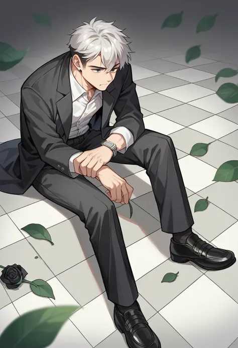 A person (boy) sitting on the floor, holding a single black rose with dark green leaves. The persons hand and part of their wrist, wearing a silver watch, are visible. The person is dressed in black clothing and black shoes. The background is a light-color...