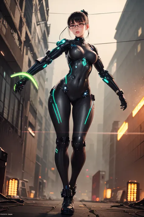 extremely sexy robotic woman, futuristic, cyberpunk, neon particles for screen, full body, curved body, intricate 8k in dystopian place, parade, (best quality,4k,8k,highres,masterpiece:1.2),ultra-detailed,(glasses:1.37),HDR,UHD,studio lighting,ultra-fine p...