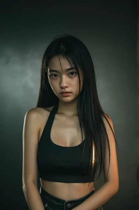 High quality like a movie, dark atmosphere and a little scary, lightly dressed, 18 years old, Japanese, cute woman, high definition background, (Halter-top, Cowboy Shot:1.1)