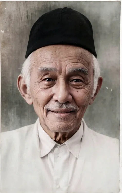 an old man with a black hat and white shirt smiling, portrait photo of an old man, old color photograph, a colorized photo, inspired by Basuki Abdullah, colorized photo, colorized photograph, colorized, old color photo, photo in color, raden saleh, an old ...