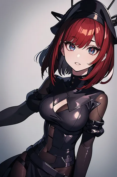 a beautiful girl with red hair wearing a black dress, detailed facial features, bob haircut, full body illustration, woman wearing a long black and red coat, solo character, white background, anime style, highly detailed, photorealistic, 8k, best quality, ...