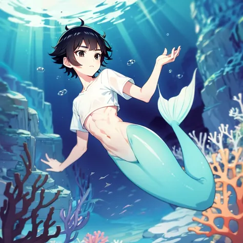 Merman, merman tail below waistline, black hair, short hair, black eyes, white shirt, abs, underwater sea, coral, fish,