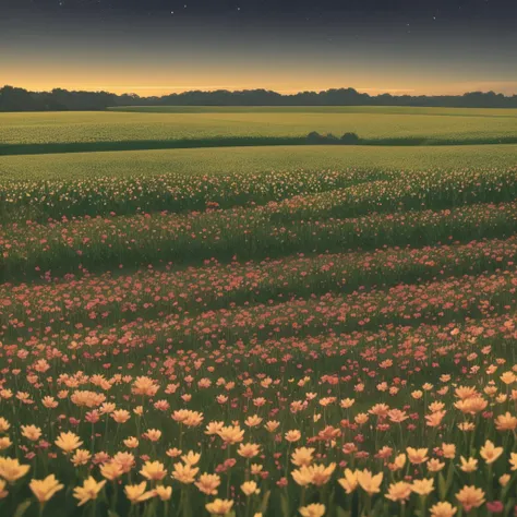 night. Fields of flowers and two people, one of which is on the other&#39;s back, no visible faces, in the style of photography and fog on the background