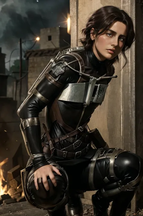 Women from Edwardian age,make hair brown, eyes color Havel Skin pale 
, Survey Corps bodysuit ,1926 years,dark night,liberio background attack on titan 