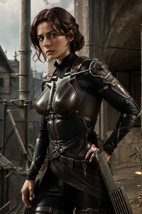 Women from Edwardian age,make hair brown, eyes color Havel Skin pale 
, Survey Corps bodysuit ,1926 years,dark night,liberio background attack on titan 