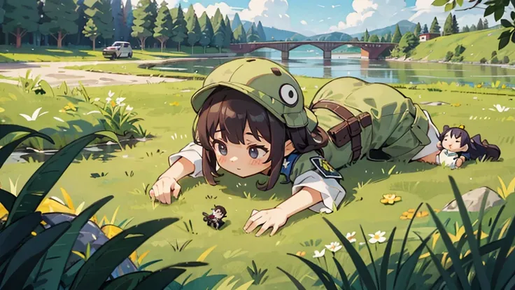 Girl doll、bank、river、bridge、Enjoying airsoft、uniform、Crawling through the grass