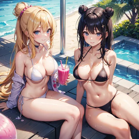 Best image quality, 8K, high quality, masterpiece:1.2), ((masterpiece)), (High detail, high quality, Best image quality), Bokeh, Depth of written boundary, Portraiture, Open Stance, (Cute illustrations:1.2), (Big Tits), In the poolside, a sunny day, whole ...