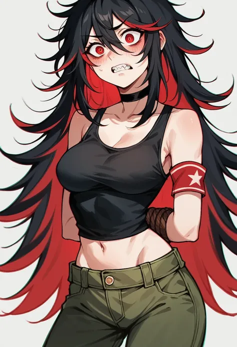 NSFW,Highest quality, Intricate details, chromatic aberration, One girl, Long Hair, Black Hair, Messy Hair, Red highlights, Hair on one eye, Red eyes, Sharp eyes, choker,Teeth bare,Black tank top,Army Pants , Armband, Put your arms behind your back, Arms t...