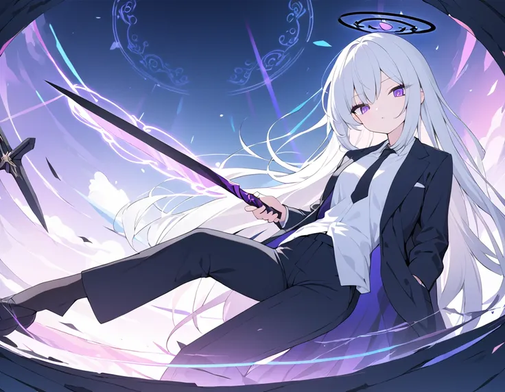 (Highest quality), (High resolution), (masterpiece), (Super detailed), (Bright saturation), (Super detailedな目), (Super detailedな手), Thigh-length hair, White Hair, Heterogeneous eyes: purple left eye and blue right eye, One girl, Swinging a black sword in h...