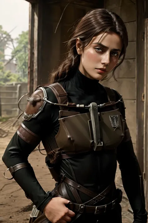 Women from Edwardian age,make hair brown, eyes color Havel Skin pale 
, Survey Corps bodysuit ,1926 years,dark night,liberio background attack on titan 