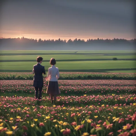 night, fields with flowers and two people in the fog, one of which is on the other&#39;s back, no visible faces, In the style of photography