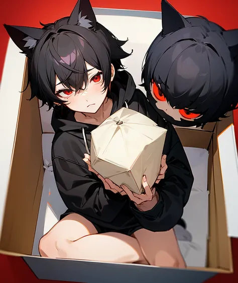 A cute Anime boy with short short black hair and sleepy red eyes and a emotionless face with cat ears and black hoodie sitting in a box , showing him from above