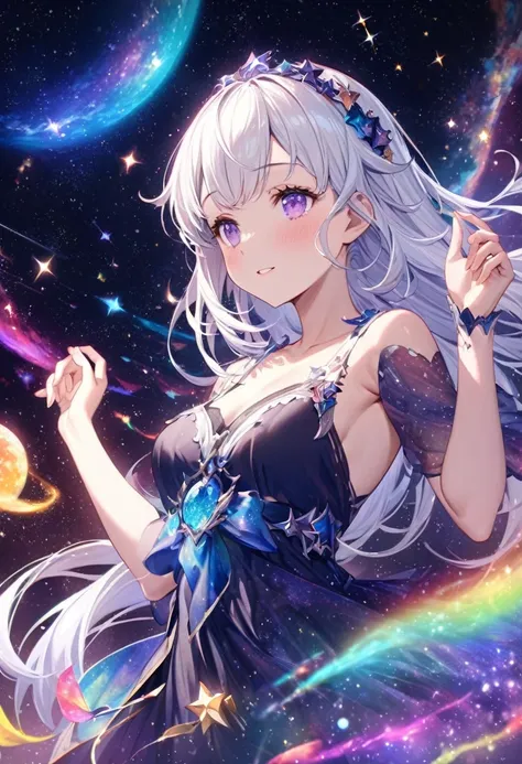 High Detail, Very detailed, Ultra-high resolution, Purple Eyes，White hair，A girl having a good time in a fantasy galaxy, Surrounded by stars, The warm light shines on her, Background is starry sky，There are colorful galaxies and galaxy clouds, The stars fl...