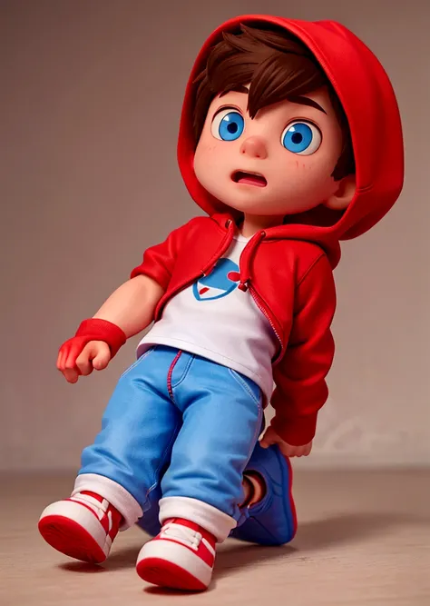 The image features a realistic boy. The character has brown hair, blue eyes, wearing a red jacket with a hood, underneath the jacket is a white t-shirt, black pants and pink sneakers. the character is a boy, his entire body must appear in the image. Have h...