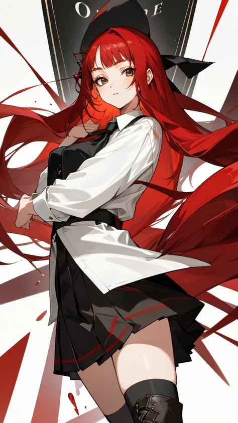 best quality, masterpiece, 4k, One woman, red long hair, long red straight hair, red eyes, red shimmering eyes, shining irises, slitted eyes, leaderly, Lots of hairpins on head, white shirt, black tie, rock fashion, red pleated skirt, long boots, charismat...