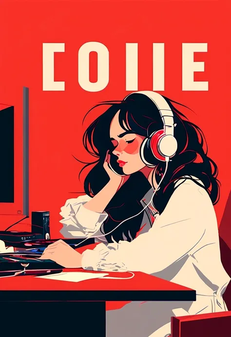 there is a woman sitting at a desk with headphones on, vector art by Atey Ghailan, trending on pexels, serial art, lofi portrait, phone background, phone wallpaper, lofi art, in style of atey ghailan, digital art ilya kuvshinov, lofi girl, illustration sty...