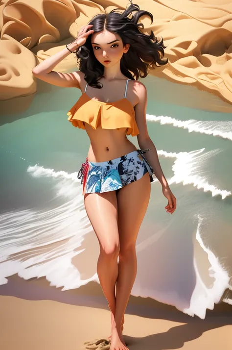 masterpiece, best quality, high quality, fl0unac3, solo, crop top, spaghetti strap, bikini, camisole, skirt, 1girl, beach, full body, under boob,jenya.d 