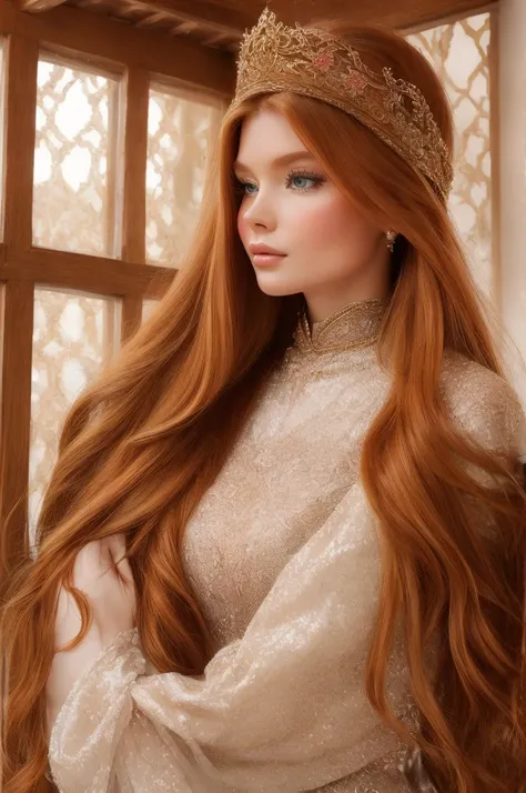 A gorgeous, pretty, shiny, kind-hearted, warm-hearted, sweet, polite, sensitive, friendly, charming, graceful, stylish, glamorous, classy, alluring, majestic, ethereal, timeless, dreamy, angelical ginger long haired russian woman dressed in traditional win...