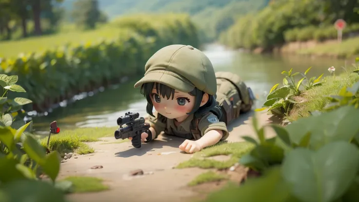 Girl doll、bank、river、bridge、Enjoying airsoft、uniform、Crawling through the grass