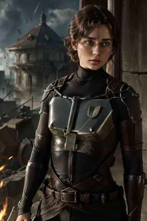 Women from Edwardian age,make hair brown, eyes color Havel Skin pale 
, Survey Corps bodysuit ,1926 years,dark night,liberio background attack on titan 