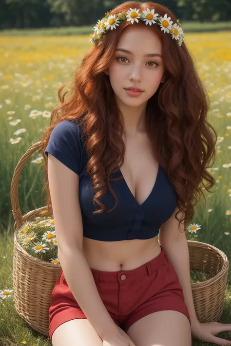 (girl:1.2), (Long red curly hair:1.1), Brown eyes, Wear a wreath of daisies on your head, Sitting in a field of daisies, (Fruit basket:1.1), Blue shorts, Red Shirt,,born,photograph,photographの影,Actual,Ridiculous,beautiful,elegant,Sex with a black man,dorsa...