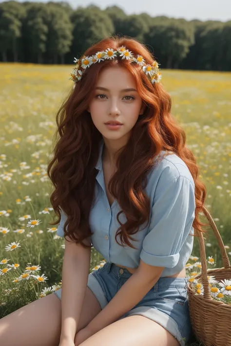 (girl:1.2), (Long red curly hair:1.1), Brown eyes, Wear a wreath of daisies on your head, Sitting in a field of daisies, (Fruit basket:1.1), Blue shorts, Red Shirt,,born,photograph,photographの影,Actual,Ridiculous,beautiful,elegant,Sex with a black man,dorsa...