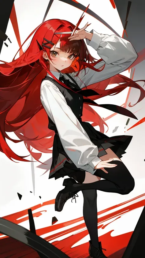 best quality, masterpiece, 4k, One woman, red long hair, no bangs, long straight hair, red eyes, red shimmering eyes, shining irises, slitted eyes, leaderly, Lots of hairpins on head, white shirt, black tie, rock fashion, red pleated skirt, long boots, cha...