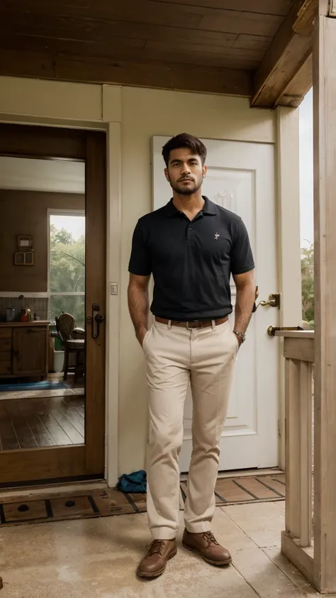 Man standing in porch, facing door, front view,