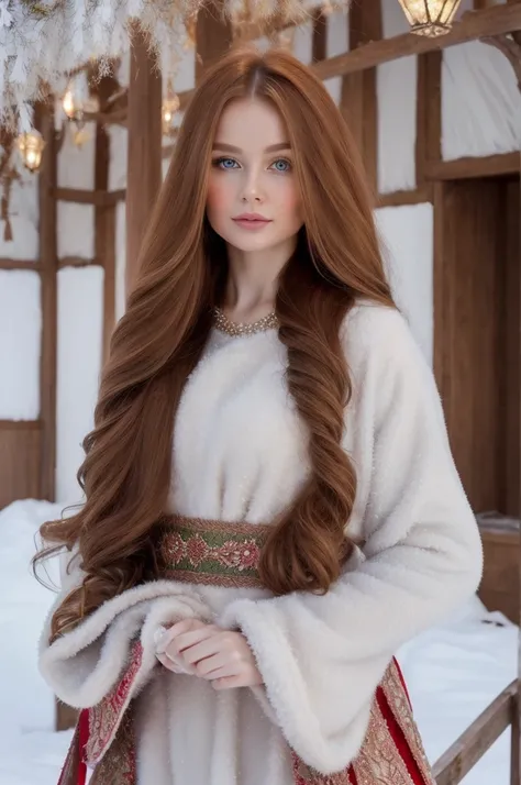 A gorgeous, pretty, shiny, kind-hearted, warm-hearted, sweet, polite, sensitive, friendly, charming, graceful, stylish, glamorous, classy, alluring, majestic, ethereal, timeless, dreamy, angelical ginger long haired russian woman dressed in traditional win...