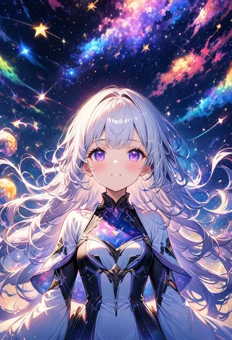 High Detail, Very detailed, Ultra-high resolution, Purple Eyes，White hair，A girl having a good time in a fantasy galaxy, Surrounded by stars, The warm light shines on her, Background is starry sky，There are colorful galaxies and galaxy clouds, The stars fl...