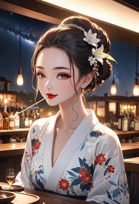 8k,((highest quality)),((high-res)),((ultra detailed face)),night,she is drinking something in a bar ,outside  ,chignon,forehead...