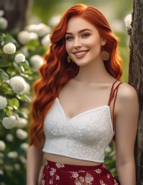 masterpiece, best quality, gorgeous pale american cute girl, smiling, (crop top), red hair loose braided hair, short polca skirt, lean against a tree, field, flowers smiling, perfectly symmetrical face, detailed skin, elegant, alluring, attractive, amazing...