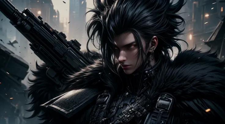 Close-up image of upper body. Beautiful woman holding a big futuristic gun. black fur. black eyes. His bangs are down. Mid twenties. He has a cruel smile on his face.. He wears a metallic black battle uniform. A masterpiece.