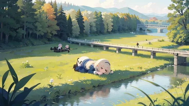 Girl doll、bank、river、bridge、Enjoying airsoft、uniform、Crawling through the grass