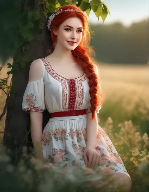 masterpiece, best quality, gorgeous pale american cute girl, smiling, (crop top), red hair loose braided hair, short polca skirt, lean against a tree, field, flowers smiling, perfectly symmetrical face, detailed skin, elegant, alluring, attractive, amazing...