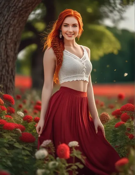 masterpiece, best quality, gorgeous pale american cute girl, smiling, (crop top), red hair loose braided hair, short polca skirt, lean against a tree, field, flowers smiling, perfectly symmetrical face, detailed skin, elegant, alluring, attractive, amazing...