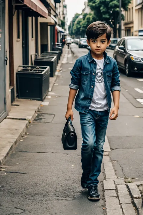 a boy with big eye walk in the street 