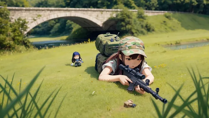 Girl doll、bank、river、bridge、Enjoying airsoft、uniform、Crawling through the grass