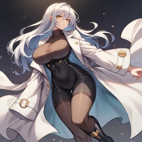 girl, high, gold eyes, silver irises, long straight hair slightly tousled, expression, stoic, beautiful, curves, voluptuous, white long sleeve turtleneck trench coat clothes, dark shirt, short dark pants, long dark thigh high stockings, black boots, Boku n...