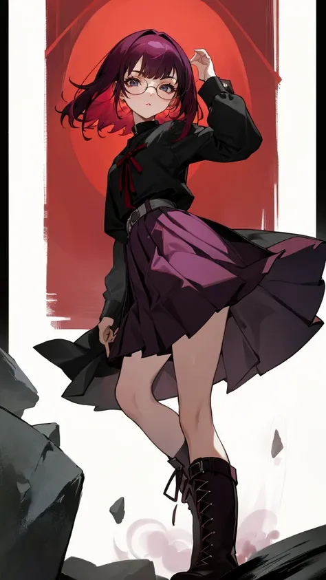 best quality, masterpiece, 4k, One woman, Reddish purple hair, straight bobbed hair, no bangs, wearing glasses, reddish eye, dour, expressionless, critical, mysterious, 
rock fashion, pleated skirt, long boots