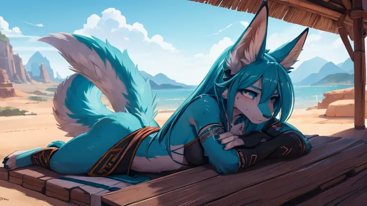 ({{highres}}) Miku Hatsune x aloy horizon forbiden west dragon tenack armor add_detailsl:1, add high definition_detail:1, blue fur,kitsune ears, tribal tattoo add_detail:1, pose sensual add_details:1, desertic landscape oasis in the background, exhausted g...