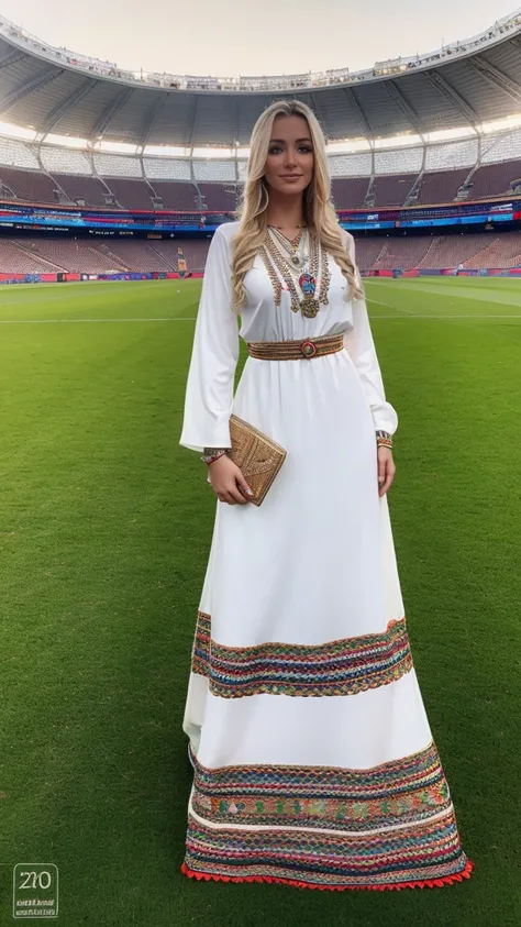 Most beautiful german blonde lady, wearing kabyle robe, kabyledress, amazigh, berber, kabyleoutfits, bijoux, football stadium background,euro 2024 germany, realistic,4k, professional, 